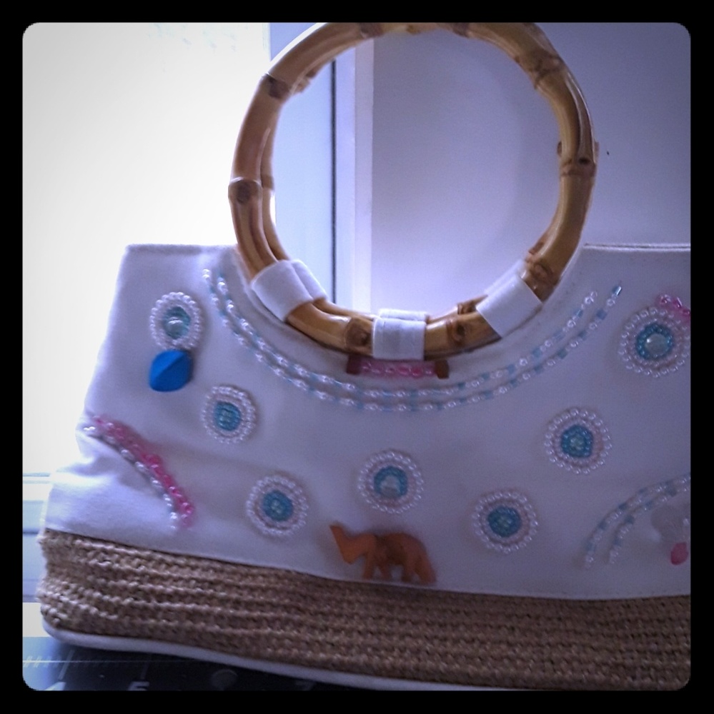 Upcycled white summer handbag with bamboo handles